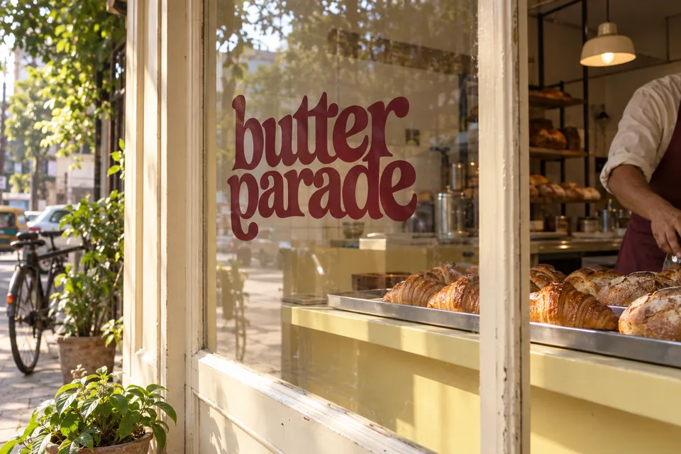 The Butter Parade wordmark printed on a sunlit bakery window with pastries, a baker and leafy street reflections.