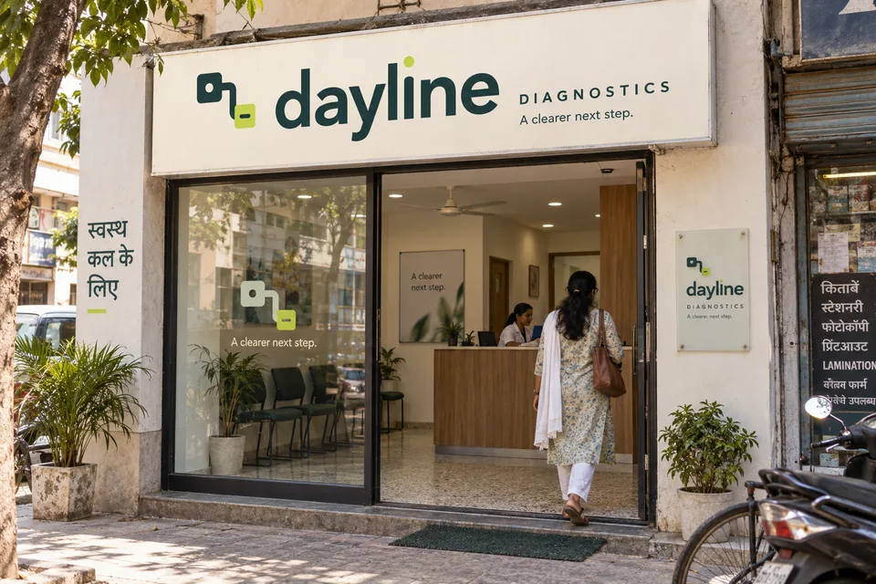 AI-generated fictional concept of a small street-level Dayline Diagnostics reception in Patna, with warm textured materials and daylight.